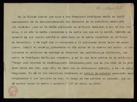 Copia de una carta de Santiago Montoto sobre el acto de desagravio hecho en favor de Francisco Ro...