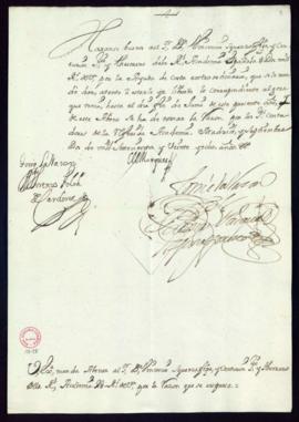 Orden del marqués de Villena de libramiento a favor de Vincencio Squarzafigo de 20 reales de vell...
