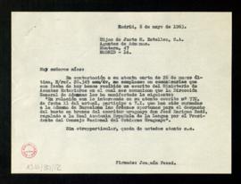 Copia de la carta sin firma de Joaquín Feced a Hijos de Justo M. Estellez en la que les anuncia q...