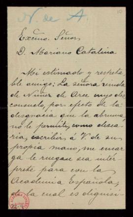 Carta de José del Castillo y Soriano al secretario, Mariano Catalina, de agradecimiento a la Acad...