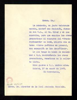 Copia sin firma del oficio del secretario [Julio Casares] a José María Pemán de comunicación de s...