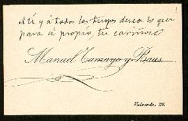 Tarjeta de visita de Manuel Tamayo y Baus en la que envía recuerdos a Pedro Antonio de Alarcón y ...