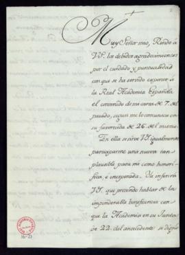 Carta de Bernardo Iriarte a Francisco Antonio de Angulo de agradecimiento por su admisión como ac...