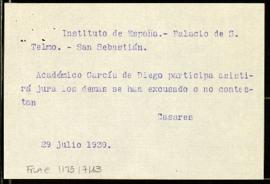 Copia del telegrama de Julio Casares sobre la asistencia a la jura en San Sebastián de García de ...