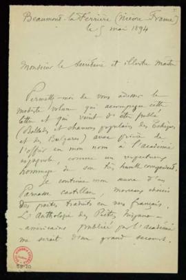 Carta de Achille Millien al secretario [Manuel Tamayo y Baus] con la que remite una de sus obras ...