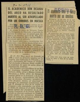 Recortes de los diarios ABC y Arriba con la noticia del fallecimiento de Ricardo del Arco y Garay...