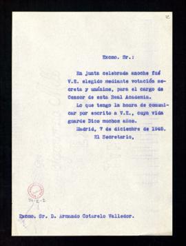 Copia sin firma del oficio del secretario a Armando Cotarelo de comunicación de su nombramiento c...