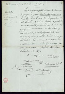 Propuesta de Pedro II, emperador del Brasil, como académico honorario
