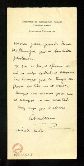 Carta de Gabriel Miró a Melchor Fernández Almagro en la que le agradece su felicitación