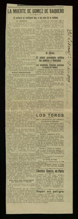 Recorte del diario El LIberal de 17 de diciembre de 1927, con la noticia del fallecimiento de Edu...