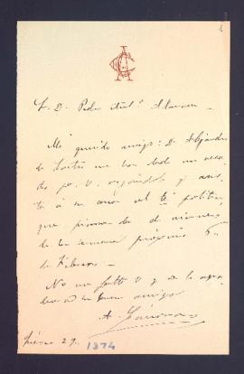 Carta de Antonio Cánovas del Castillo a Pedro Antonio de Alarcón en la que le traslada el deseo d...