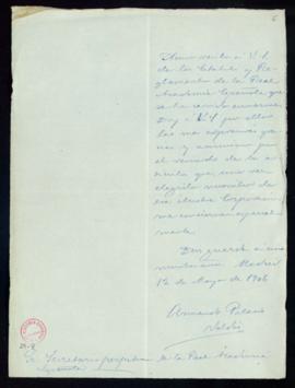 Carta de Armando Palacio Valdés al secretario [Mariano Catalina] en la que acusa recibo de los Es...