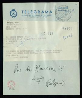 Telegrama de Roger Duvivier a Alonso Zamora Vicente en el que le comunica el fallecimiento de Jul...