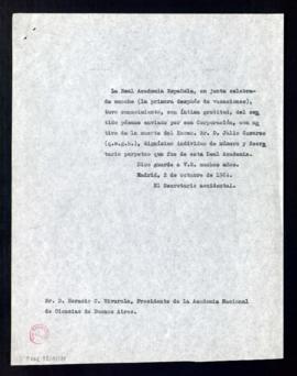 Copia del oficio del secretario accidental, Rafael Lapesa, a Horacio C. Rivarola, presidente de l...