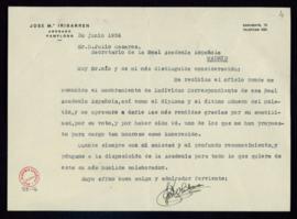 Carta de José María Iribarren a Julio Casares en la que acusa recibo de su nombramiento como acad...