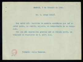 Minuta de la carta de Julio Casares a Jorge Rubió con la que le remite el comprobante de la recep...