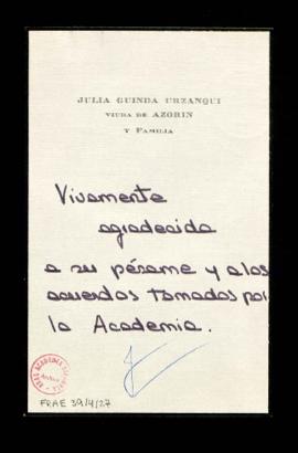 Tarjeta de Julia Guinda Urzanqui, viuda de Azorín, en la que agradece el pésame por el fallecimie...