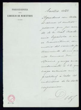 Carta de A[ntonio] Cánovas del Castillo a Manuel Tamayo y Baus de agradecimiento a la Academia po...