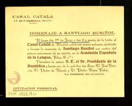 Invitación del Casal Catalá al homenaje a Santiago Rusiñol que se celebrará en la Academia el 27 ...