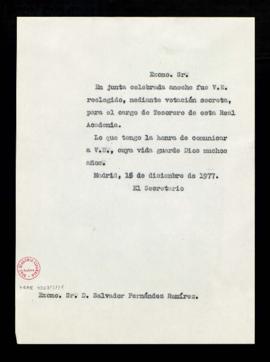 Copia sin firma del oficio del secretario [Alonso Zamora Vicente] a Salvador Fernández Ramírez, d...
