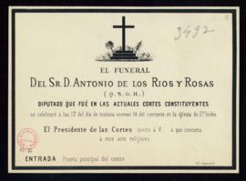 Esquela de invitación del presidente de las Cortes al funeral de Antonio de los Ríos y Rosas