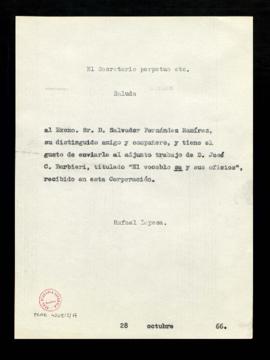 Copia del saluda del secretario, Rafael Lapesa, a Salvador Fernández Ramírez con el que le envía ...