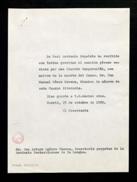 Copia sin firma del oficio de agradecimiento del secretario a Arturo Agüero Chaves, secretario de...