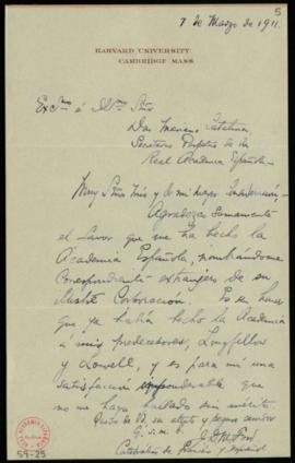 Carta de J. D. M. Ford al secretario en la que agradece a la Academia su nombramiento como académ...