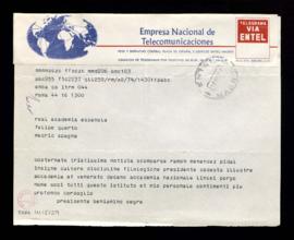 Telegrama de Beniamino Segre, presidente de la Accademia Nazionale dei Lincei, a la Real Academia...
