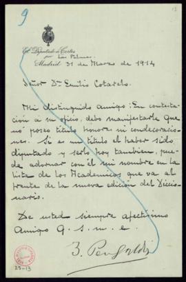Carta de B[enito] Pérez Galdós al secretario, Emilio Cotarelo, en la que le comunica que no posee...