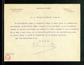 Carta de José  Francos Rodríguez a Melchor Fernández Almagro con la que le remite su último libro...
