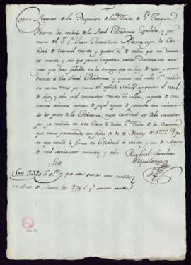 Recibo de Rafael Sánchez de Aguilera, regente de la imprenta de la viuda de Ibarra, de 3320 reale...