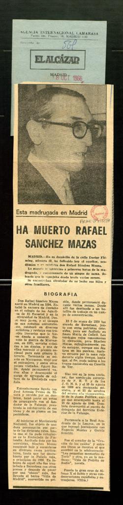 Recorte con la noticia Ha muerto Rafael Sánchez Mazas
