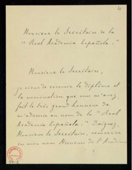 Carta de León Rouanet al secretario en la que acusa recibo del diploma y de la comunicación de su...