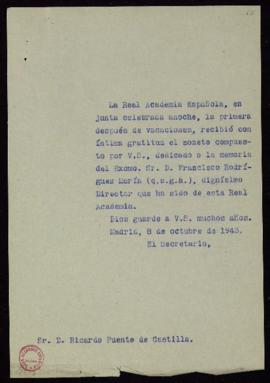 Copia sin firma del oficio del secretario [Julio Casares] a Ricardo Puente de Castilla de traslad...