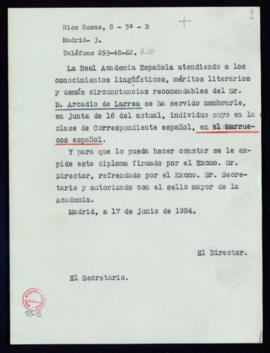 Copia sin firma del oficio del diploma de Arcadio Larrea de académico correspondiente en el Marru...