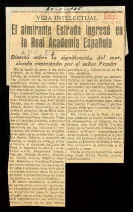 Recorte de prensa del diario Arriba con la crónica titulada El almirante Estrada ingresó en la Re...