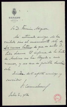 Carta de F[rancisco] Commelerán a Fermín Míguez en la que le comunica que solo ha recibido el man...