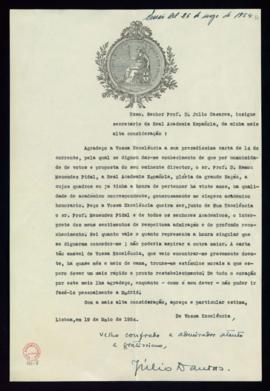Carta de Julio Dantas a Julio Casares en la que le pide que traslade a Ramón Menéndez Pidal y a l...