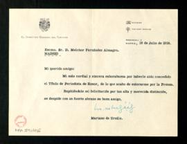 Carta de Mariano de Urzáiz, director general de Turismo, a Melchor Fernández Almagro en la que le...