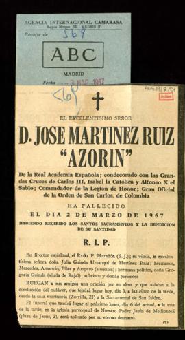 Esquela de José Martínez Ruiz, Azorín