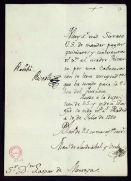 Orden de Manuel de Lardizábal del pago a Matías Ricarte de 550 reales de vellón por el tirado de ...