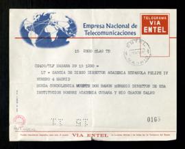 Telegrama de Chacón Calvo, director de la Academia Cubana, a García de Diego, director de la Acad...