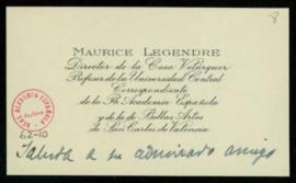 Tarjeta de visita de Maurice Legendre con la que remite un ejemplar de su obra titulada Nueva His...