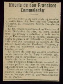 Recorte de prensa con el título Muerte de Francisco Commelerán