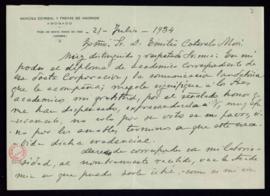 Carta de Narciso Correal a Emilio Cotarelo en la que acusa recibo de su diploma de académico corr...