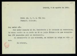 Minuta de la carta del oficial de la secretaría a C. F. Adolf van Dam en la que acusa recibo del ...