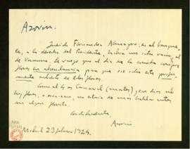 Carta de Azorín a Melchor Fernández Almagro en la que le ruega que compre flores en abundancia pa...
