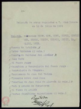 Relación de obras regaladas a Juan Moneva en 13 de julio de 1939