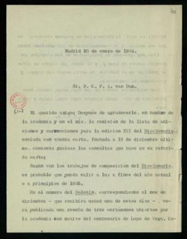 Minuta de la carta de Emilio Cotarelo a C. F. Adolf van Dam en la que acusa recibo de la nueva li...